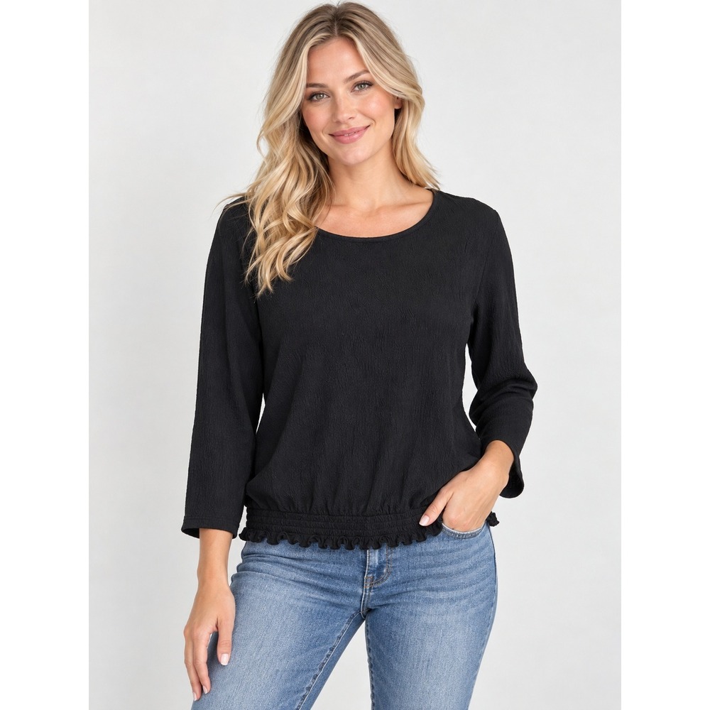 Old Navy Women Black Smocked Hem Textured Crepe Blouse 3/4 Sleeve Top XS NEW